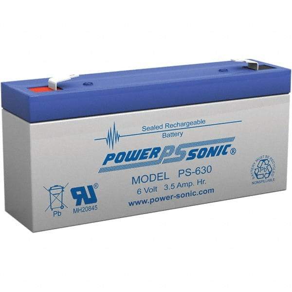 Power-Sonic - Lead-Acid, Quick-Disconnect Tab Terminal, 6 Volt, 3.5 Amp, Lead Rechargeable Battery - 3/16" Tab Width x 0.8mm Tab Thickness, 1.34" Wide x 2.35" High x 5.28" Deep - USA Tool & Supply