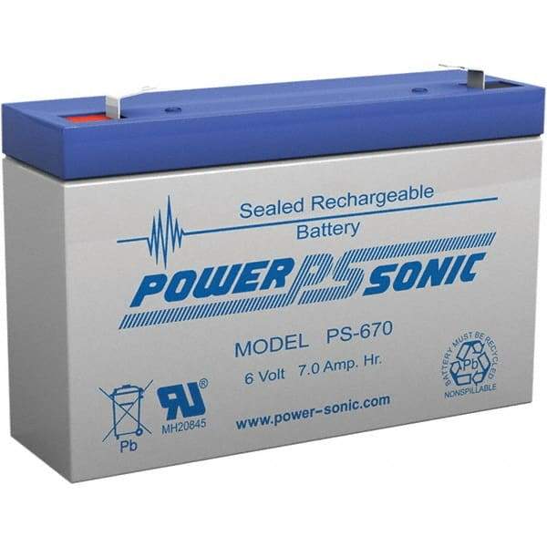 Power-Sonic - Lead-Acid, Quick-Disconnect Tab Terminal, 6 Volt, 7 Amp, Lead Rechargeable Battery - 3/16" Tab Width x 0.8mm Tab Thickness, 1.34" Wide x 3.7" High x 5.95" Deep - USA Tool & Supply