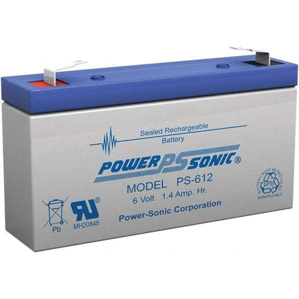 Power-Sonic - Lead-Acid, Quick-Disconnect Tab Terminal, 6 Volt, 1.4 Amp, Lead Rechargeable Battery - 3/16" Tab Width x 0.8mm Tab Thickness, 0.94" Wide x 2" High x 3.82" Deep - USA Tool & Supply