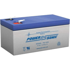 Power-Sonic - Lead-Acid, Quick-Disconnect Tab Terminal, 12 Volt, 3.4 Amp, Lead Rechargeable Battery - 3/16" Tab Width x 0.8mm Tab Thickness, 2.64" Wide x 2.36" High x 5.24" Deep - USA Tool & Supply