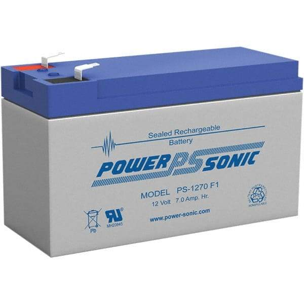 Power-Sonic - Lead-Acid, Quick-Disconnect Tab Terminal, 12 Volt, 7 Amp, Lead Rechargeable Battery - 1/4" Tab Width x 0.8mm Tab Thickness, 2.56" Wide x 3.7" High x 5.95" Deep - USA Tool & Supply