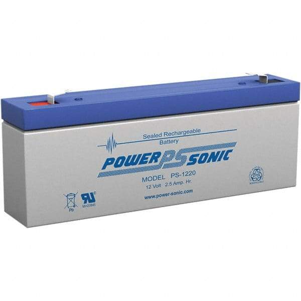 Power-Sonic - Lead-Acid, Quick-Disconnect Tab Terminal, 12 Volt, 2.5 Amp, Lead Rechargeable Battery - 3/16" Tab Width x 0.8mm Tab Thickness, 1.38" Wide x 2.36" High x 7" Deep - USA Tool & Supply