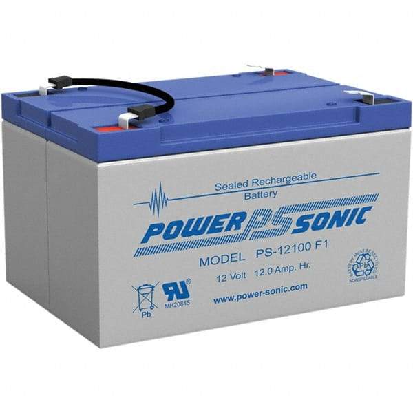 Power-Sonic - Lead-Acid, Quick-Disconnect Tab Terminal, 12 Volt, 12 Amp, Lead Rechargeable Battery - 1/4" Tab Width x 0.8mm Tab Thickness, 4" Wide x 3.7" High x 5.95" Deep - USA Tool & Supply