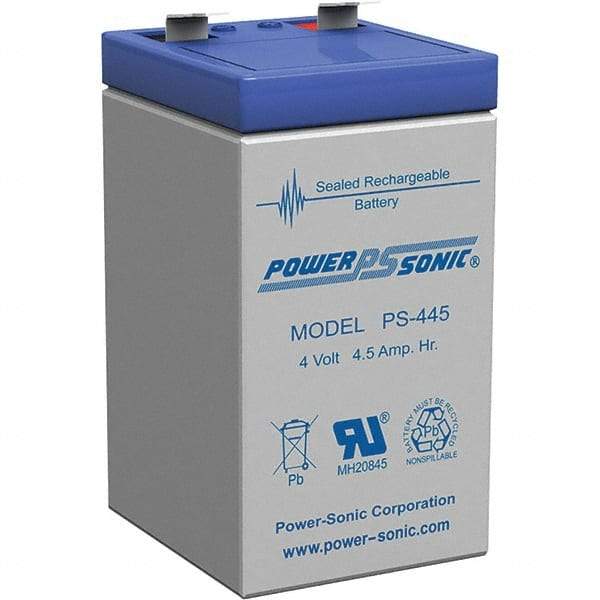 Power-Sonic - Lead-Acid, Quick-Disconnect Tab Terminal, 4 Volt, 4.5 Amp, Lead Rechargeable Battery - 1/4" Tab Width x 0.8mm Tab Thickness, 2.09" Wide x 3.7" High x 1.89" Deep - USA Tool & Supply