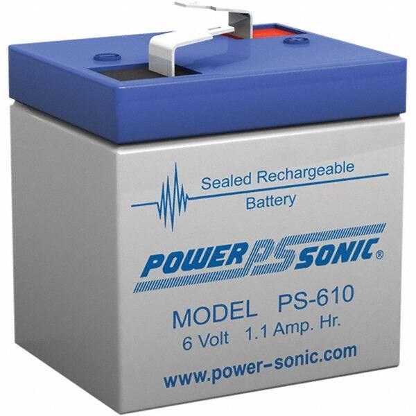 Power-Sonic - Lead-Acid, Quick-Disconnect Tab Terminal, 6 Volt, 1.1 Amp, Lead Rechargeable Battery - 3/16" Tab Width x 0.8mm Tab Thickness, 1.65" Wide x 2" High x 2" Deep - USA Tool & Supply