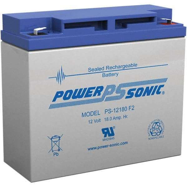 Power-Sonic - Lead-Acid, Quick-Disconnect Tab Terminal, 12 Volt, 18 Amp, Lead Rechargeable Battery - 1/4" Tab Width x 0.8mm Tab Thickness, 3" Wide x 6.59" High x 7.13" Deep - USA Tool & Supply