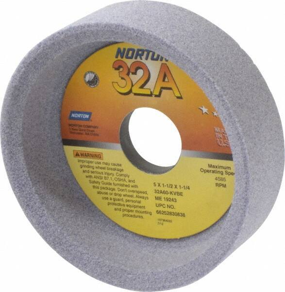 Norton - 5" Diam, 1-1/4" Hole Size, 1-1/2" Overall Thickness, 60 Grit, Type 6 Tool & Cutter Grinding Wheel - Medium Grade, Aluminum Oxide, K Hardness, Vitrified Bond, 4,585 RPM - USA Tool & Supply