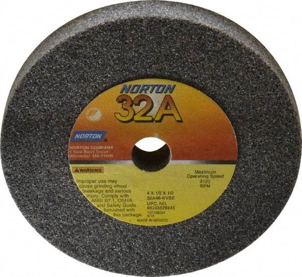 Norton - 46 Grit Aluminum Oxide Type 1 Internal Grinding Wheel - 4" Diam x 1/2" Hole x 1/2" Thick, 8,120 Max RPM, Type 1 Coarse Grade, K Hardness, Vitrified Bond, No Recess - USA Tool & Supply