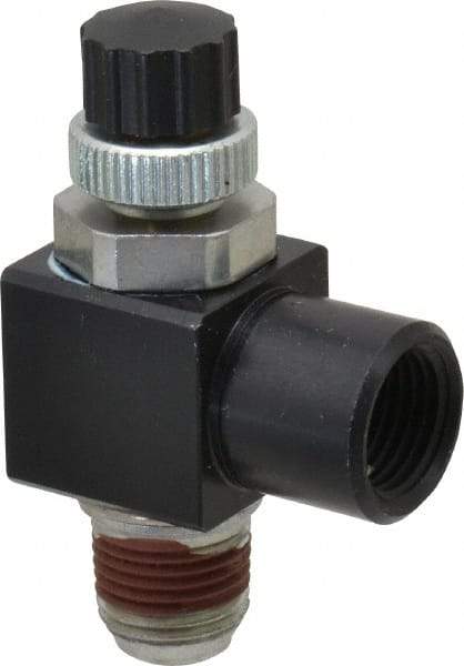 ARO/Ingersoll-Rand - 1/8" Male NPT x 1/8" Female NPT Right Angle Flow Control Valve - 0 to 150 psi & Brass Material - USA Tool & Supply