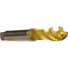 Emuge - M3x0.50 Metric 3 Flute 6H Modified Bottoming Spiral Flute Tap - Cobalt, TiN Finish, 56mm OAL, Right Hand Flute, Right Hand Thread, Series Enorm - USA Tool & Supply