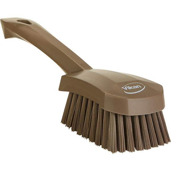 Vikan - 1.3" Bristle Length, Polyester Scrub Brush - 4-1/4" Long x 2-3/4" Wide Head, 10" OAL, Ergonomic Handle, Brown, Polypropylene Block - USA Tool & Supply