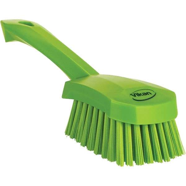 Vikan - 1.3" Bristle Length, Polyester Scrub Brush - 4-1/4" Long x 2-3/4" Wide Head, 10" OAL, Ergonomic Handle, Green, Polypropylene Block - USA Tool & Supply