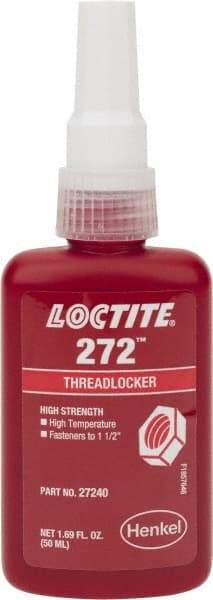 Loctite - 50 mL Bottle, Red, High Strength Liquid Threadlocker - Series 272, 24 hr Full Cure Time, Hand Tool, Heat Removal - USA Tool & Supply