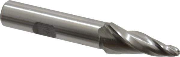 Made in USA - 10° Taper Angle per Side, 3/16" Small End Diam, 1-1/4" LOC, High Speed Steel 3 Flute Tapered Ball End Mill - 3-1/8" OAL, 1/2" Shank Diam - USA Tool & Supply