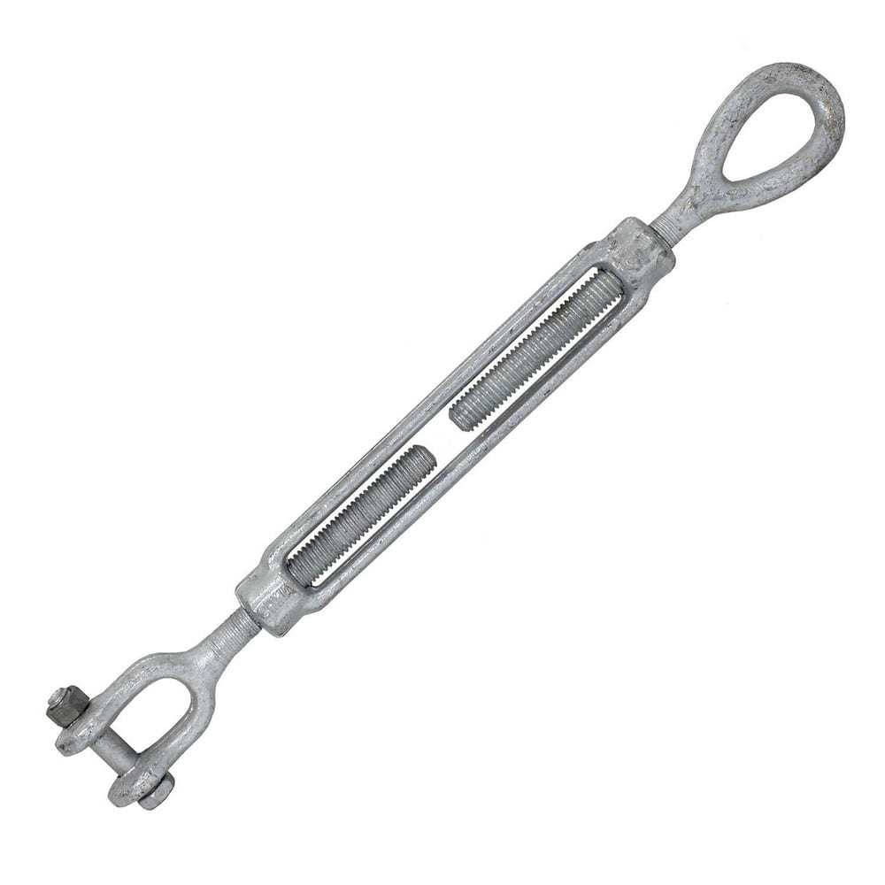 Turnbuckles; Turnbuckle Type: Jaw & Eye; Working Load Limit: 2200 lb; Thread Size: 1/2-12 in; Turn-up: 12 in; Closed Length: 19.48 in; Material: Steel; Finish: Galvanized