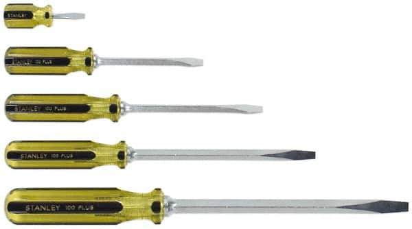 Stanley - 5 Piece Slotted & Stubby Screwdriver Set - Blade Sizes: Length 1-1/2, 4, 6, 8 & 12, Width 1/4, 5/16 & 3/8 - USA Tool & Supply