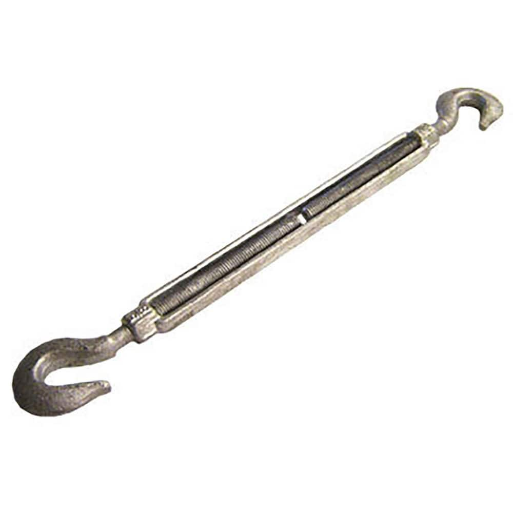 Turnbuckles; Turnbuckle Type: Hook & Hook; Working Load Limit: 1500 lb; Thread Size: 1/2-6 in; Turn-up: 6 in; Closed Length: 13.38 in; Material: Steel; Finish: Galvanized