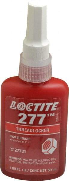 Loctite - 50 mL Bottle, Red, High Strength Liquid Threadlocker - Series 277, 24 hr Full Cure Time, Hand Tool, Heat Removal - USA Tool & Supply