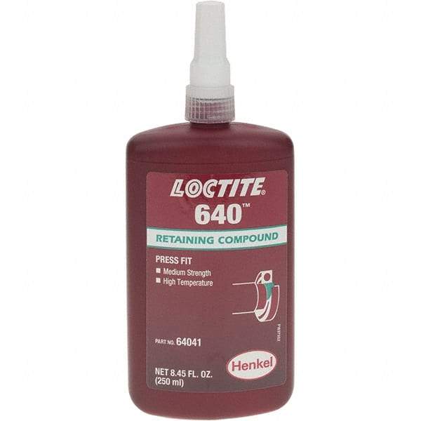 Loctite - 250 mL, Green, Medium Strength Liquid Retaining Compound - Series 640, 24 hr Full Cure Time - USA Tool & Supply