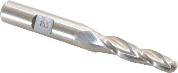 Made in USA - 2° Taper Angle per Side, 1/4" Small End Diam, 1-1/4" LOC, High Speed Steel 3 Flute Tapered Ball End Mill - 3-1/8" OAL, 3/8" Shank Diam - USA Tool & Supply