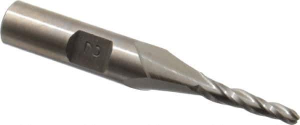 Made in USA - 2° Taper Angle per Side, 1/8" Small End Diam, 3/4" LOC, High Speed Steel 3 Flute Tapered Ball End Mill - 2-1/2" OAL, 3/8" Shank Diam - USA Tool & Supply