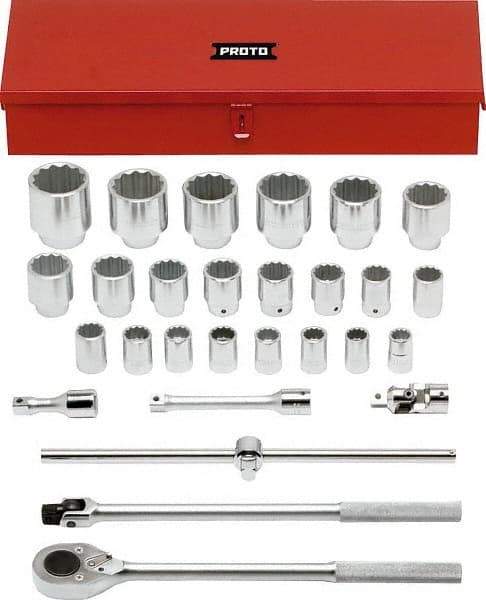 Proto - 28 Piece 3/4" Drive Chrome Finish Socket Set - 12 Points, 21mm to 60mm Range, Metric Measurement Standard - USA Tool & Supply