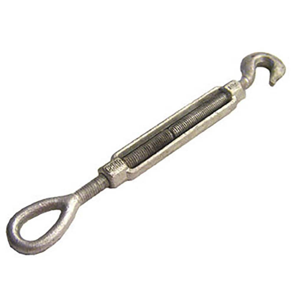 Turnbuckles; Turnbuckle Type: Hook & Eye; Working Load Limit: 1500 lb; Thread Size: 1/2-12 in; Turn-up: 12 in; Closed Length: 19.67 in; Material: Steel; Finish: Galvanized