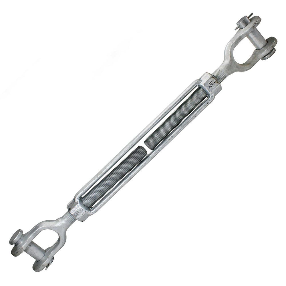 Turnbuckles; Turnbuckle Type: Jaw & Jaw; Working Load Limit: 21400 lb; Thread Size: 1-1/2-18 in; Turn-up: 18 in; Closed Length: 37.50 in; Material: Steel; Finish: Galvanized