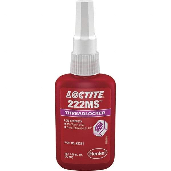 Loctite - 50 mL Bottle, Purple, Low Strength Liquid Threadlocker - Series 222, 24 hr Full Cure Time, Hand Tool Removal - USA Tool & Supply