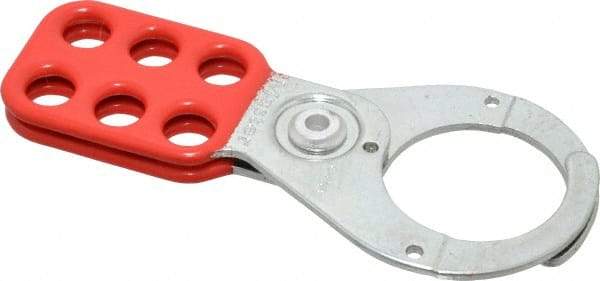 Master Lock - Single Jaw, 1-1/2" Jaw Diam, 6 PadLocks, Steel Lockout Hasp - Scissor Action, 5" Long, Red - USA Tool & Supply