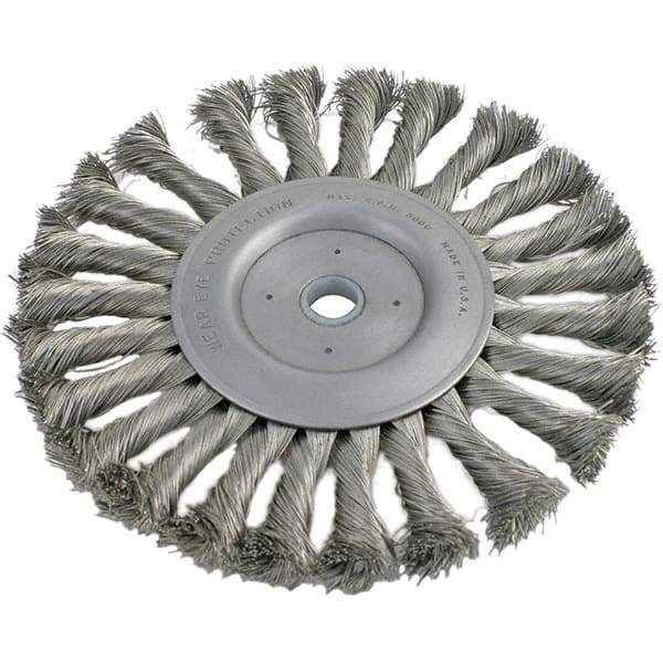 Brush Research Mfg. - 6" OD, 1/2 & 5/8" Arbor Hole, Knotted Stainless Steel Wheel Brush - 5/8" Face Width, 1-7/16" Trim Length, 8,000 RPM - USA Tool & Supply