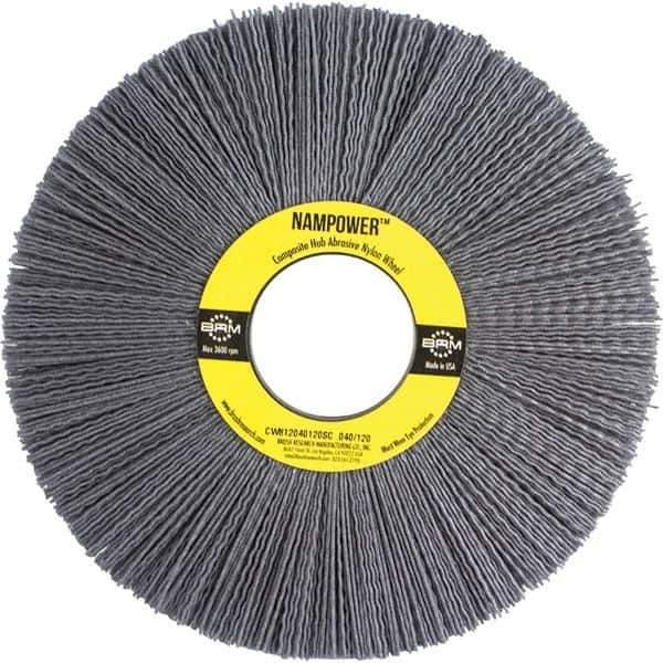 Brush Research Mfg. - 8" OD, 2" Arbor Hole, Crimped Abrasive Nylon Wheel Brush - 1/2" Face Width, 2-1/2" Trim Length, 3,600 RPM - USA Tool & Supply