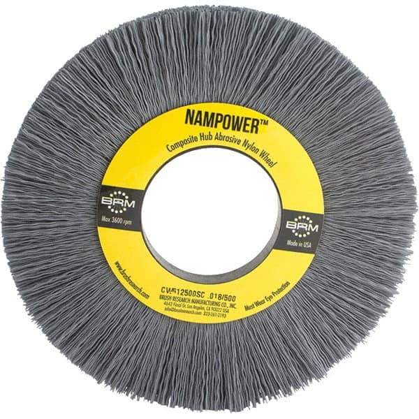 Brush Research Mfg. - 6" OD, 2" Arbor Hole, Crimped Abrasive Nylon Wheel Brush - 1/2" Face Width, 1-1/2" Trim Length, 3,600 RPM - USA Tool & Supply