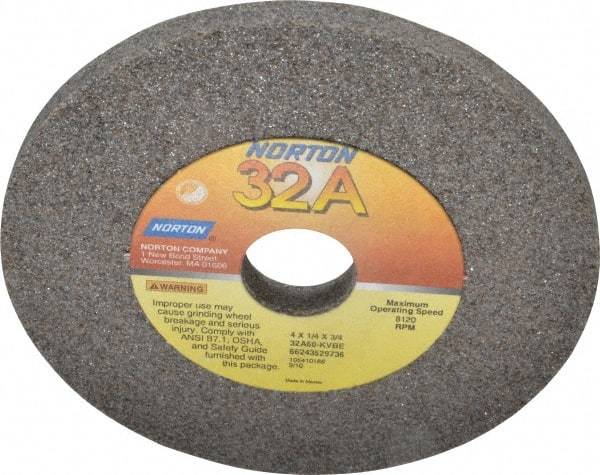 Norton - 60 Grit Aluminum Oxide Type 1 Internal Grinding Wheel - 4" Diam x 3/4" Hole x 1/4" Thick, 8,120 Max RPM, Type 1 Medium Grade, K Hardness, Vitrified Bond, No Recess - USA Tool & Supply