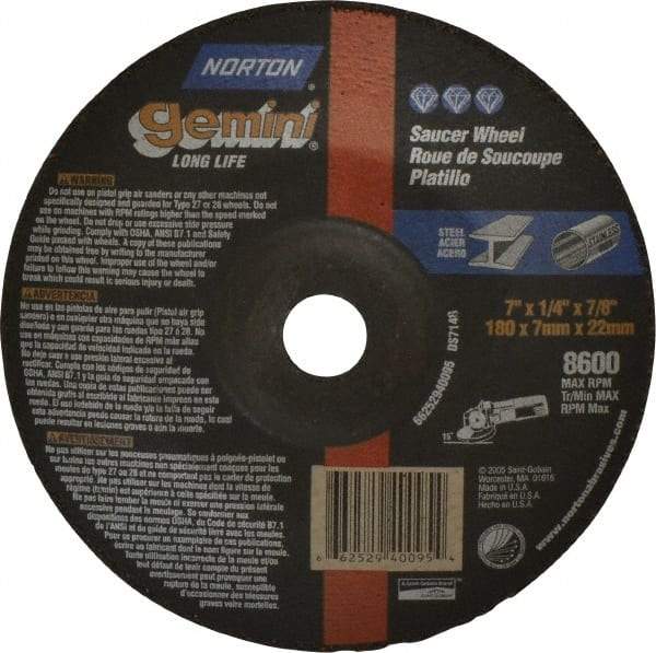 Norton - 24 Grit, 7" Wheel Diam, 1/4" Wheel Thickness, 7/8" Arbor Hole, Type 28 Depressed Center Wheel - Aluminum Oxide, 8,600 Max RPM, Compatible with Angle Grinder - USA Tool & Supply