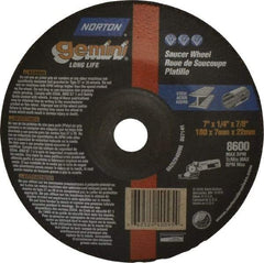 Norton - 24 Grit, 7" Wheel Diam, 1/4" Wheel Thickness, 7/8" Arbor Hole, Type 28 Depressed Center Wheel - Aluminum Oxide, 8,600 Max RPM, Compatible with Angle Grinder - USA Tool & Supply