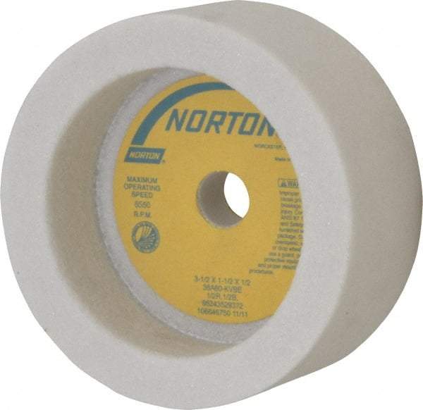 Norton - 3-1/2" Diam, 1/2" Hole Size, 1-1/2" Overall Thickness, 60 Grit, Type 6 Tool & Cutter Grinding Wheel - Medium Grade, Aluminum Oxide, K Hardness, Vitrified Bond, 6,550 RPM - USA Tool & Supply