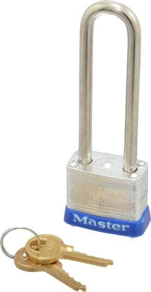 Master Lock - 2-1/2" Shackle Clearance, Keyed Different Padlock - 1/2" Shackle Width, 3/16" Shackle Diam, Laminated Steel - USA Tool & Supply