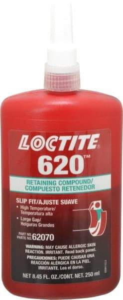 Loctite - 250 mL Bottle, Green, Medium Strength Liquid Retaining Compound - Series 620, 24 hr Full Cure Time, Heat Removal - USA Tool & Supply