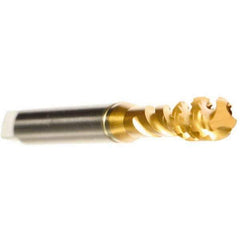 Emuge - M3x0.50 Metric 3 Flute 6H Modified Bottoming Spiral Flute Tap - Cobalt, TiN Finish, 56mm OAL, Right Hand Flute, Right Hand Thread, Series Enorm - USA Tool & Supply