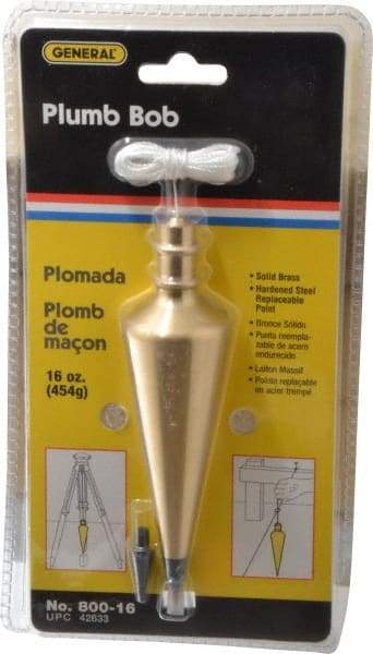 General - 5-3/4 Inch Long, 1-1/2 Inch Diameter Brass Plumb Bob - 16 Ounce, Has Replacable Tip - USA Tool & Supply