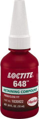 Loctite - 10 mL, Green, High Strength Gel Retaining Compound - Series 648, 24 hr Full Cure Time - USA Tool & Supply