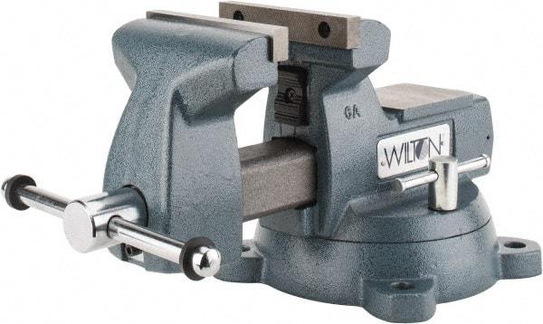 Wilton - 6" Jaw Width x 5-3/4" Jaw Opening Capacity, 4-1/8" Throat Depth, Bench & Pipe Combination Vise - 1/4 to 3-1/2" Pipe Capacity, Swivel Base, Bolt Down Attachment, Ductile Iron - USA Tool & Supply