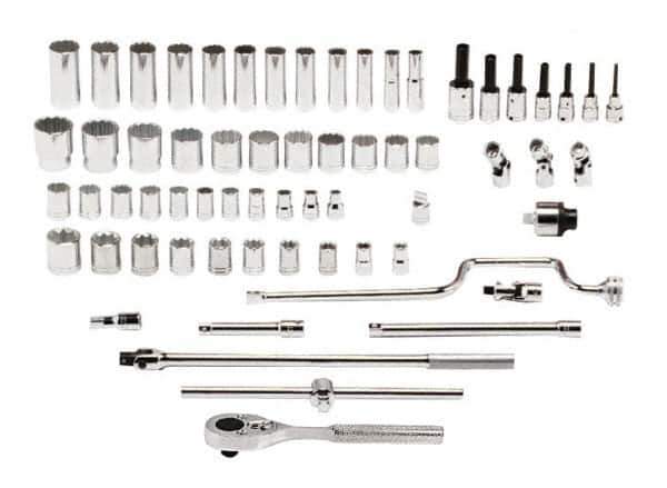 Proto - 65 Piece 1/2" Drive Standard Deep Socket Set - 8 & 12 Points, 3/8 to 1-1/2", Inch Measurement Standard - USA Tool & Supply