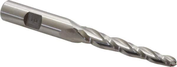 Made in USA - 2° Taper Angle per Side, 1/4" Small End Diam, 2-1/4" LOC, High Speed Steel 3 Flute Tapered Ball End Mill - 4-1/4" OAL, 1/2" Shank Diam - USA Tool & Supply