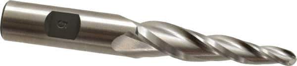 Made in USA - 5° Taper Angle per Side, 1/4" Small End Diam, 2-1/4" LOC, High Speed Steel 3 Flute Tapered Ball End Mill - 4-1/4" OAL, 1/2" Shank Diam, Spiral Flute - USA Tool & Supply