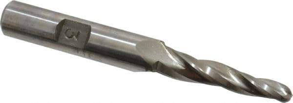 Made in USA - 3° Taper Angle per Side, 3/16" Small End Diam, 1-1/4" LOC, High Speed Steel 3 Flute Tapered Ball End Mill - 3-1/8" OAL, 3/8" Shank Diam - USA Tool & Supply