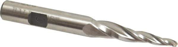 Made in USA - 5° Taper Angle per Side, 1/8" Small End Diam, 1-1/2" LOC, High Speed Steel 3 Flute Tapered Ball End Mill - 3-1/4" OAL, 3/8" Shank Diam - USA Tool & Supply