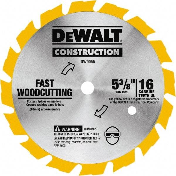 DeWALT - 5-3/8" Diam, 0.3937" Arbor Hole Diam, 16 Tooth Wet & Dry Cut Saw Blade - Tungsten Carbide-Tipped, Fast Cutting Action, Diamond Arbor - USA Tool & Supply