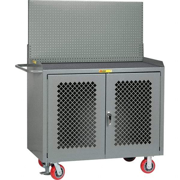 Little Giant - 3,600 Lb Capacity, 2 Shelf, 2 Door Mobile Bench Cabinet with Pegboard Panel - 53" Wide x 24" Deep x 43" High, Steel, Gray - USA Tool & Supply